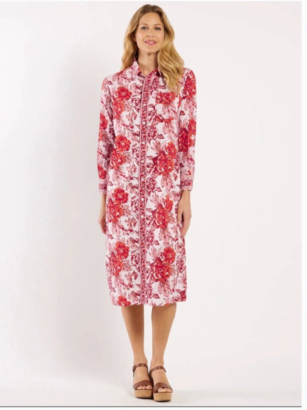 Jude Connally Pink& Red Floral long sleeve button front Midi Dress. Size XL